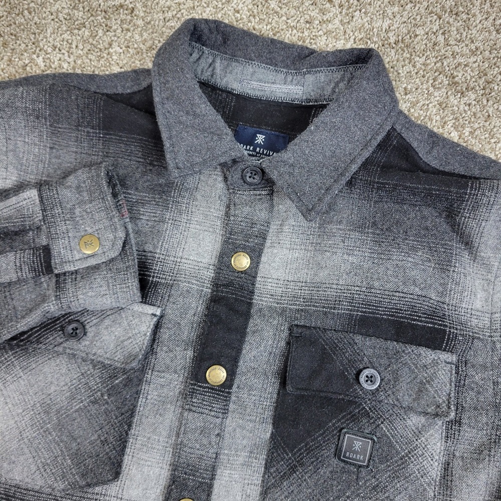 Roark Revival Mens Medium Black Gray Plaid Button Up Flannel LS Elbow Patch Wool